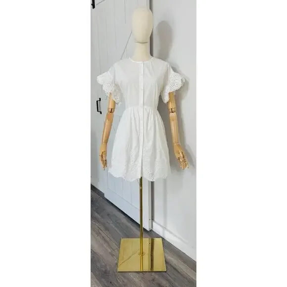 Rebecca Taylor La Vie Women Size S White Cotton Eyelet Scalloped Hem Shirt Dress - Picture 2 of 10